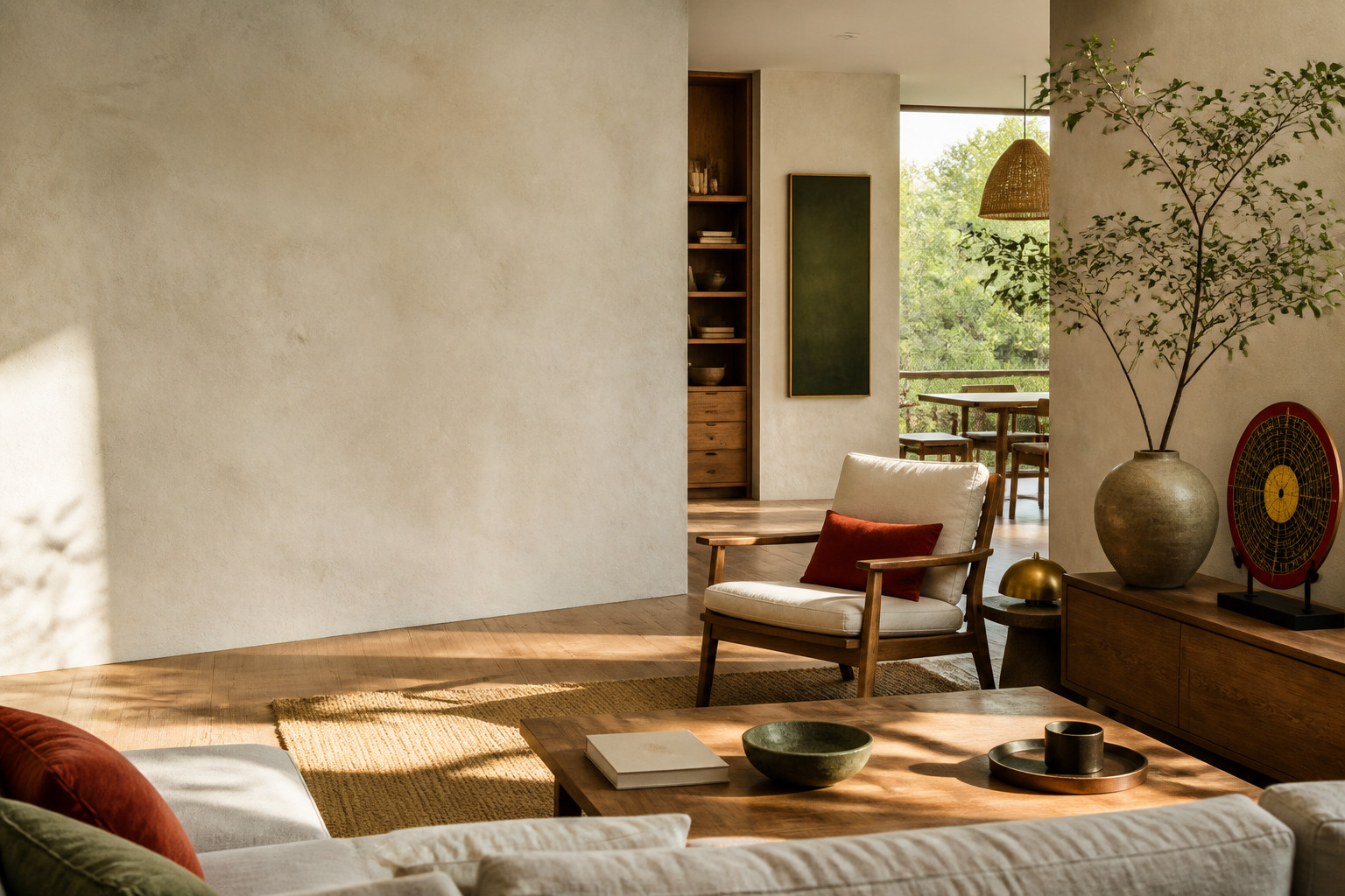 Interior luminos, amenajat simplu cu lemn, textile naturale și plante