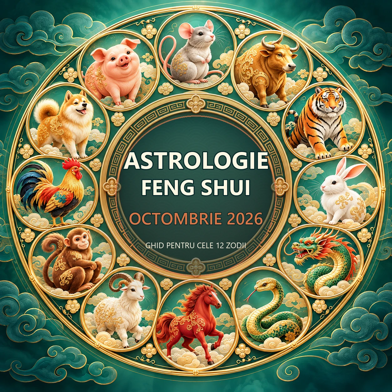 Cele douăsprezece animale ale zodiacului chinezesc dispuse într-o roată aurie pentru astrologia Feng Shui din octombrie 2026.