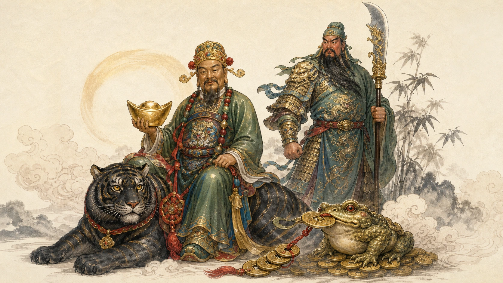 Ilustrație editorială pentru articolul „Zeii chinezi ai bogăției și poveștile lor”.