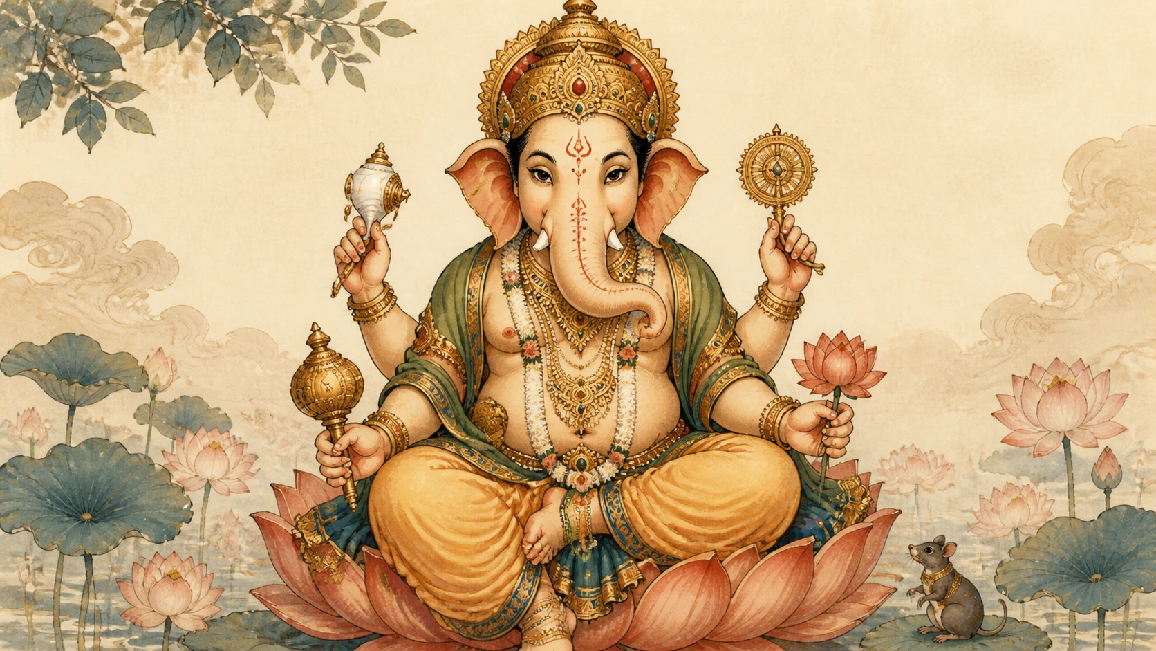 Ilustrație editorială pentru articolul „Ganesh, zeul cu cap de elefant care înlătură obstacolele”.