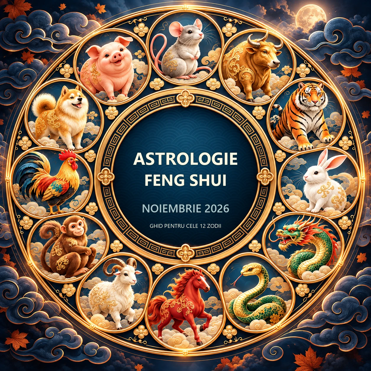 Cele douăsprezece animale ale zodiacului chinezesc într-o roată aurie pentru astrologia Feng Shui din noiembrie 2026.